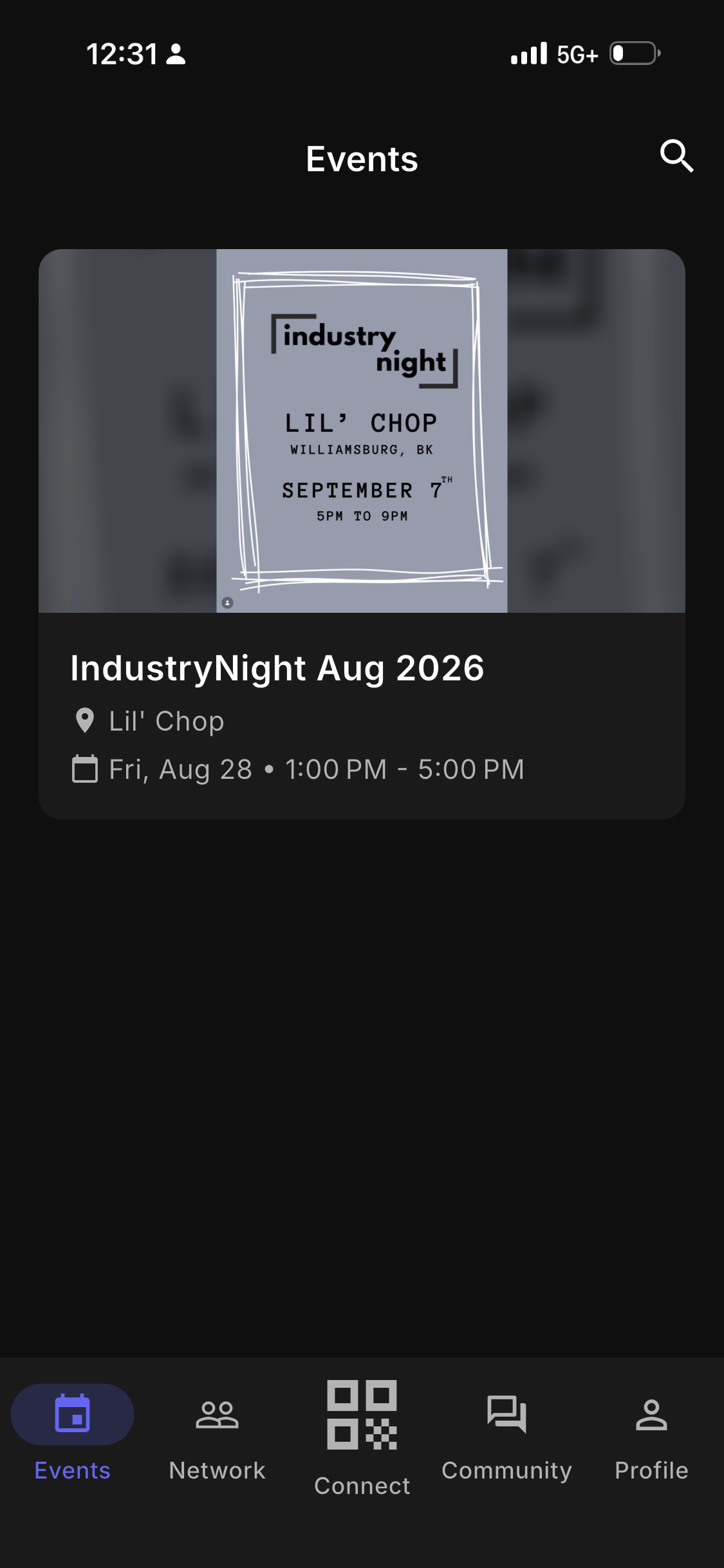 Industry Night app event detail screen with event time, location, and Posh ticket link