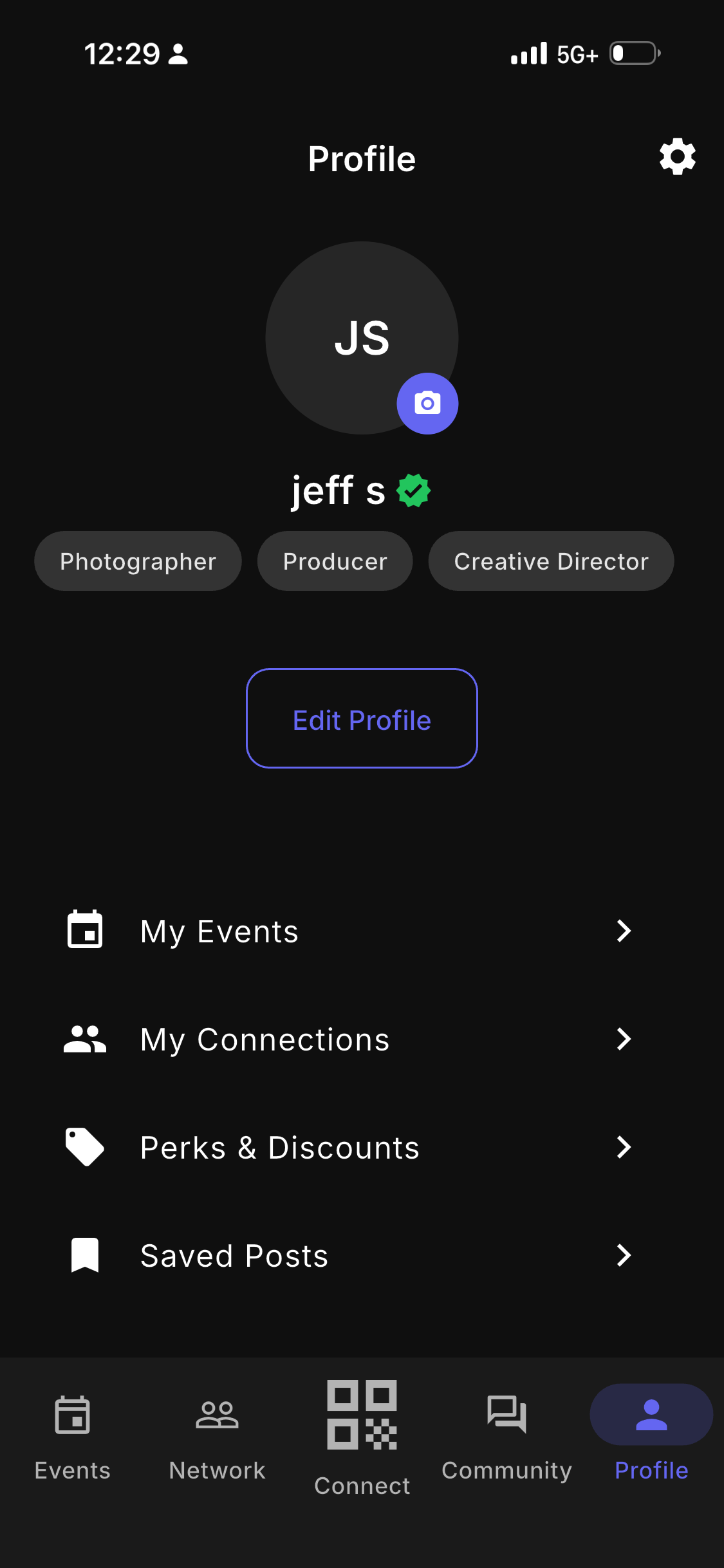 Industry Night app Profile screen showing creative specialties and account options